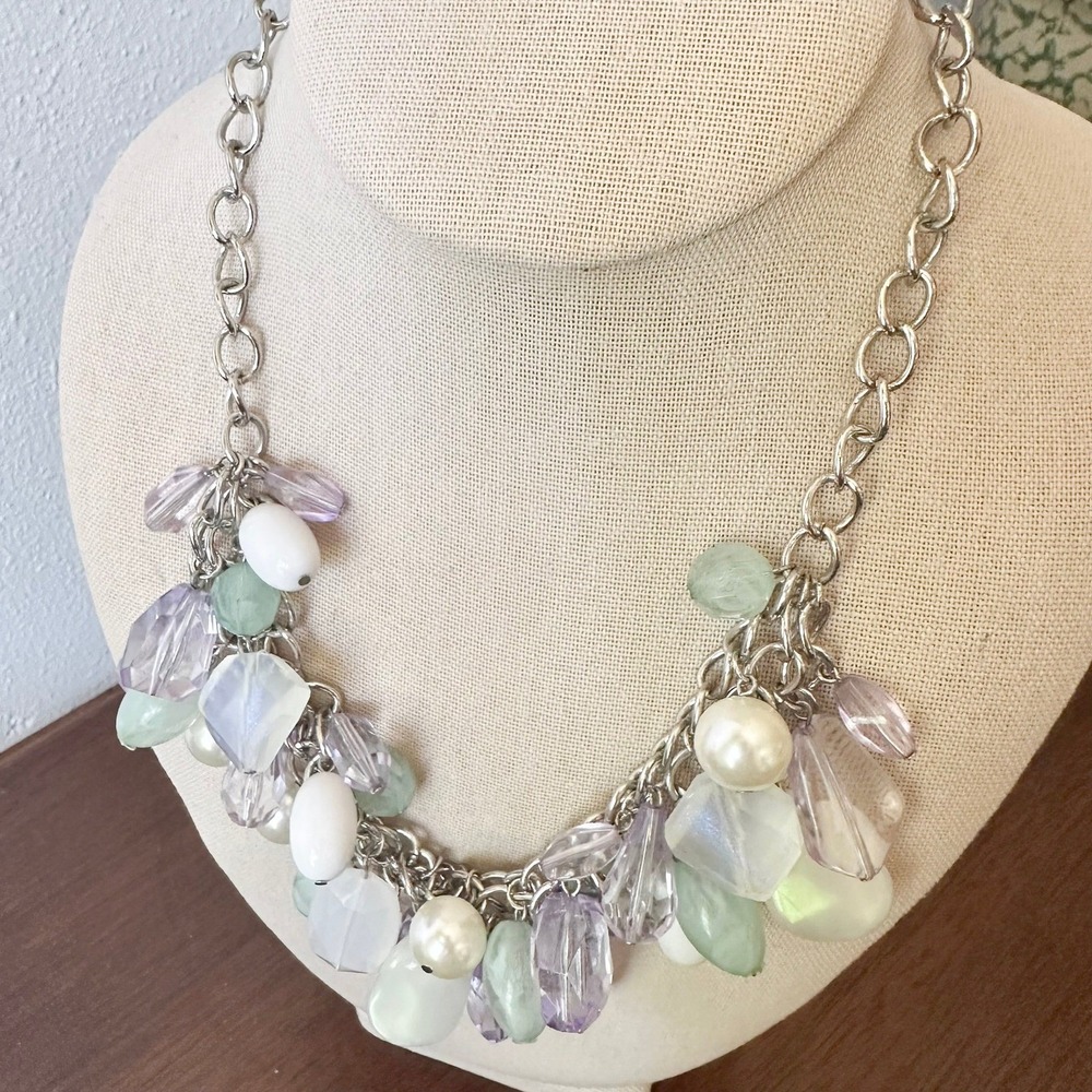 Pastel Beaded Statement Necklace Silver Chain Bib Seaglass Mermaid Y2K Chunky - Picture 7 of 10
